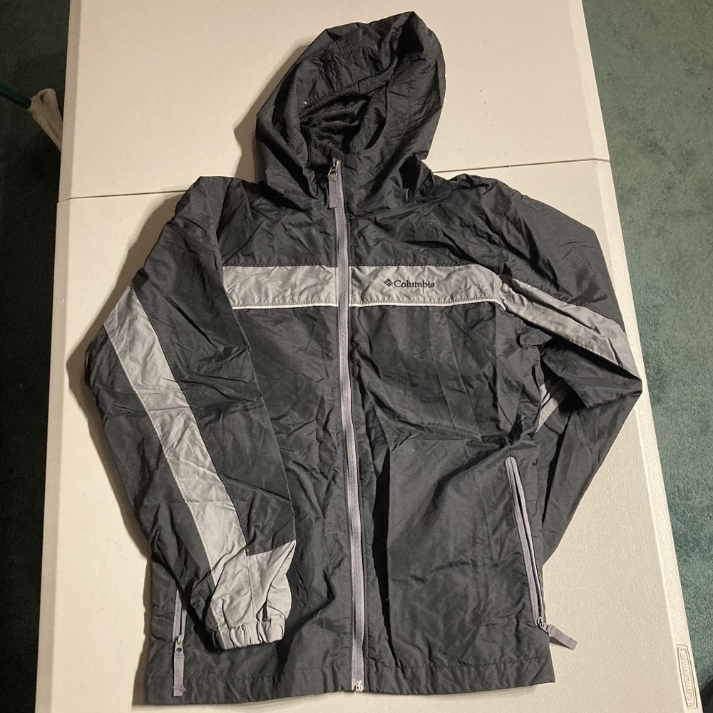 Columbia Grey Hooded Jacket Boys 14/16 Youth Windbreaker Zipper Pockets Warm EUC
